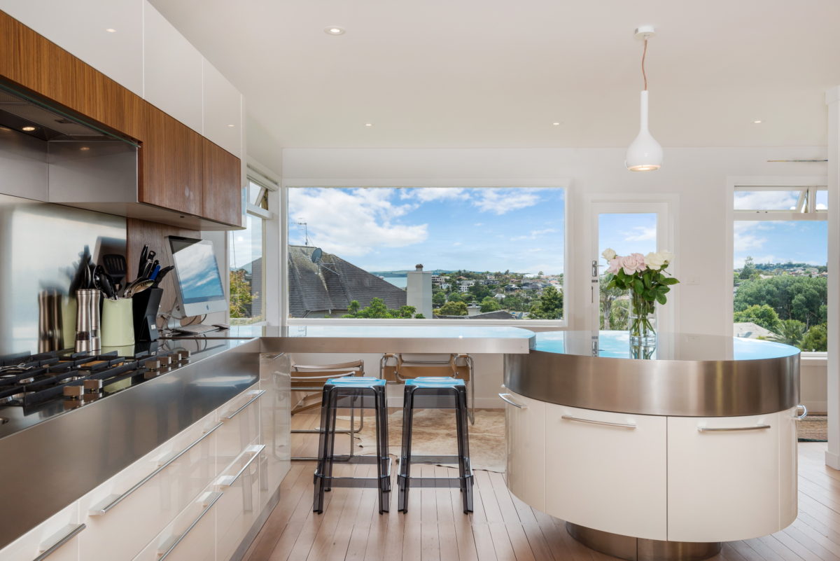 modern kitchen with a view